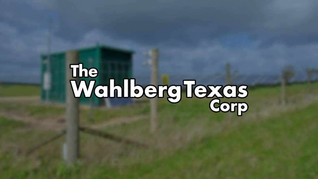 Wahlberg Texas Corp logo overlaid on a blurred photo of a solar farm fencing installation with wooden posts and green electrical enclosure