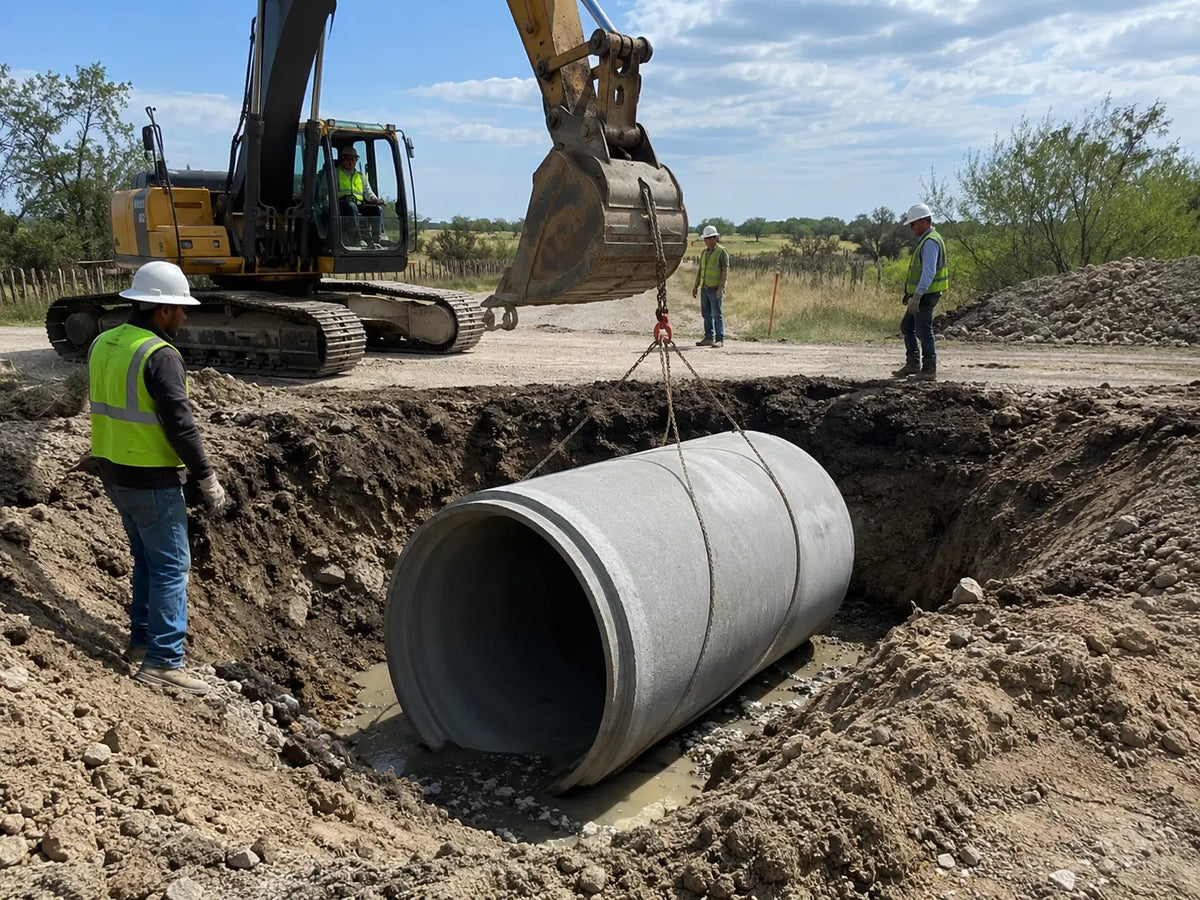 Concrete culvert installation at a Texas road crossing