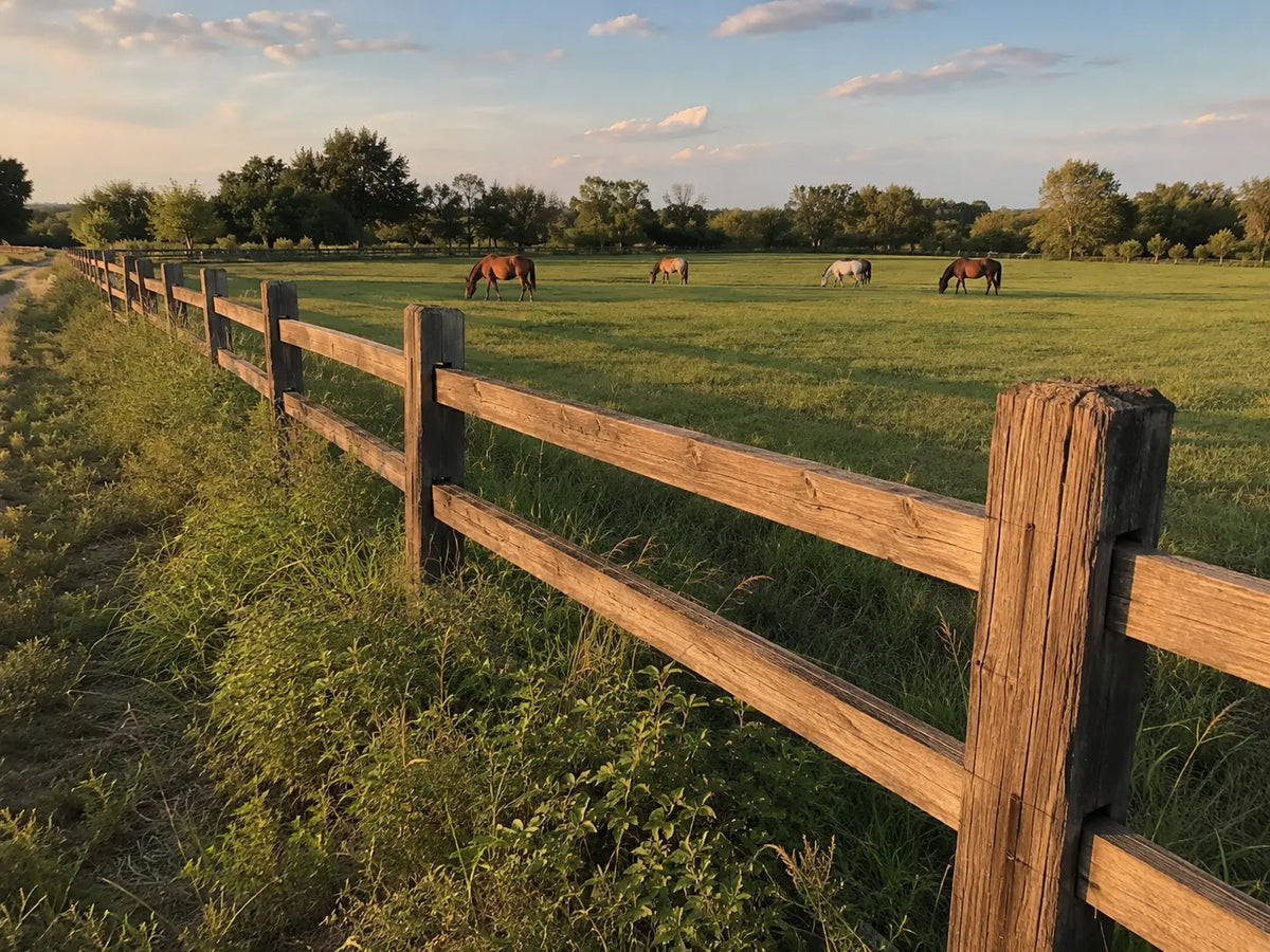 Wooden ranch fencing along a Texas pasture